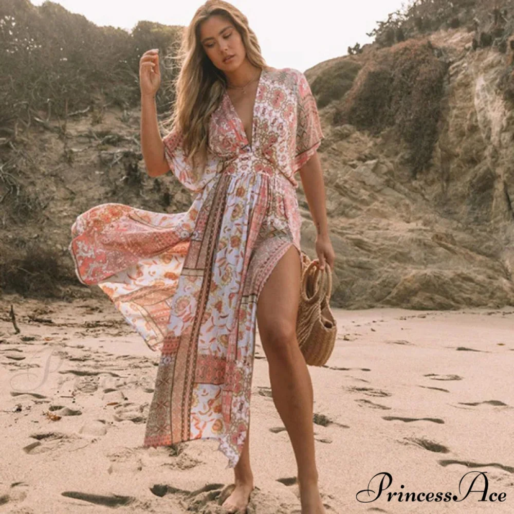 Flower Smock Gown Chiffon Swimsuit Cover Up Bohemian Dress