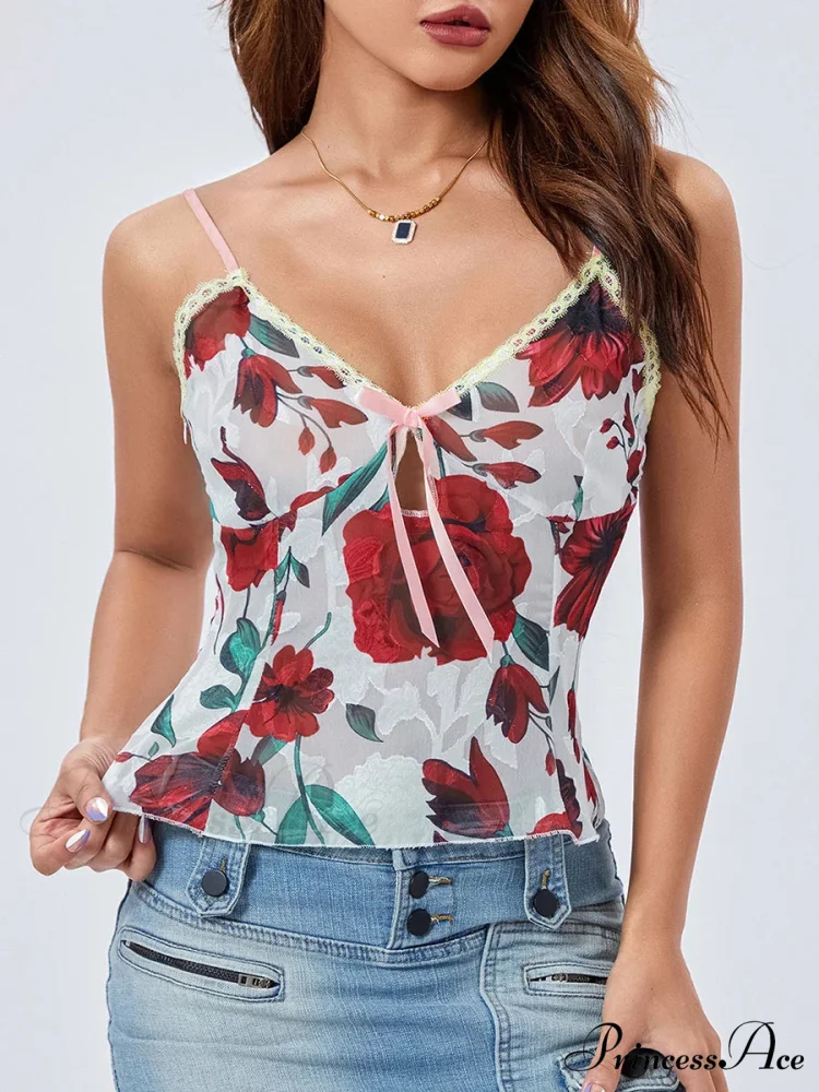 Flower Spaghetti Strap Bandage Lace Trim V-neck Camisole - Image 5