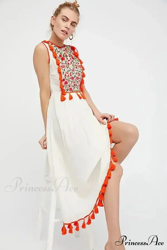 Flower Stitch Sleeveless Fringe Cotton Bohemian Dress - Image 2