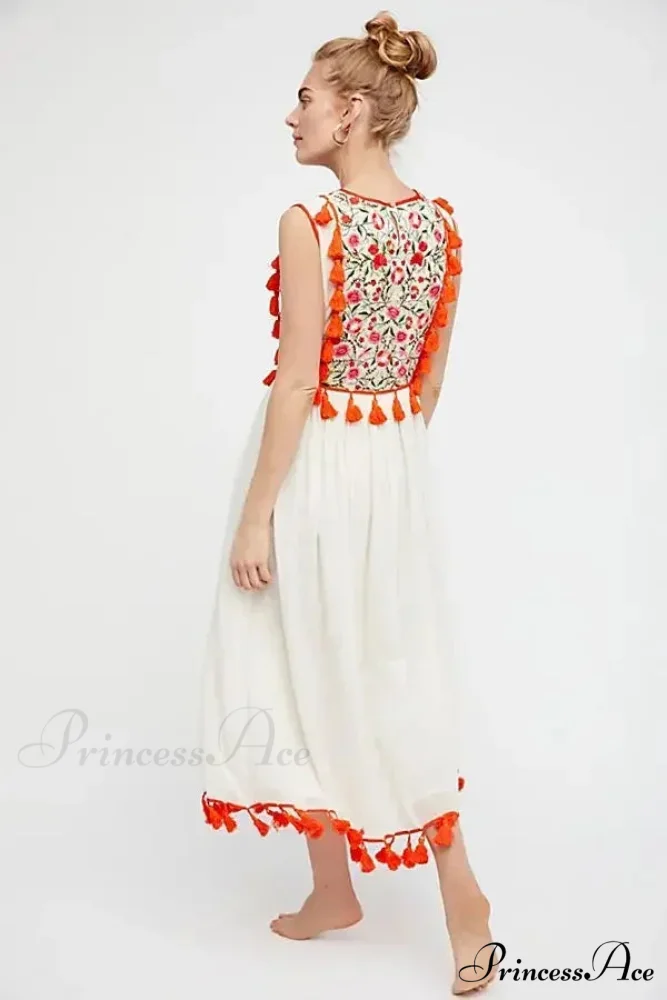 Flower Stitch Sleeveless Fringe Cotton Bohemian Dress - Image 3