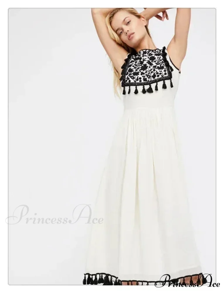 Flower Stitch Sleeveless Fringe Cotton Bohemian Dress - Image 4