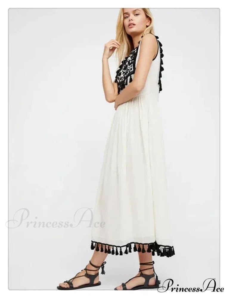 Flower Stitch Sleeveless Fringe Cotton Bohemian Dress - Image 5