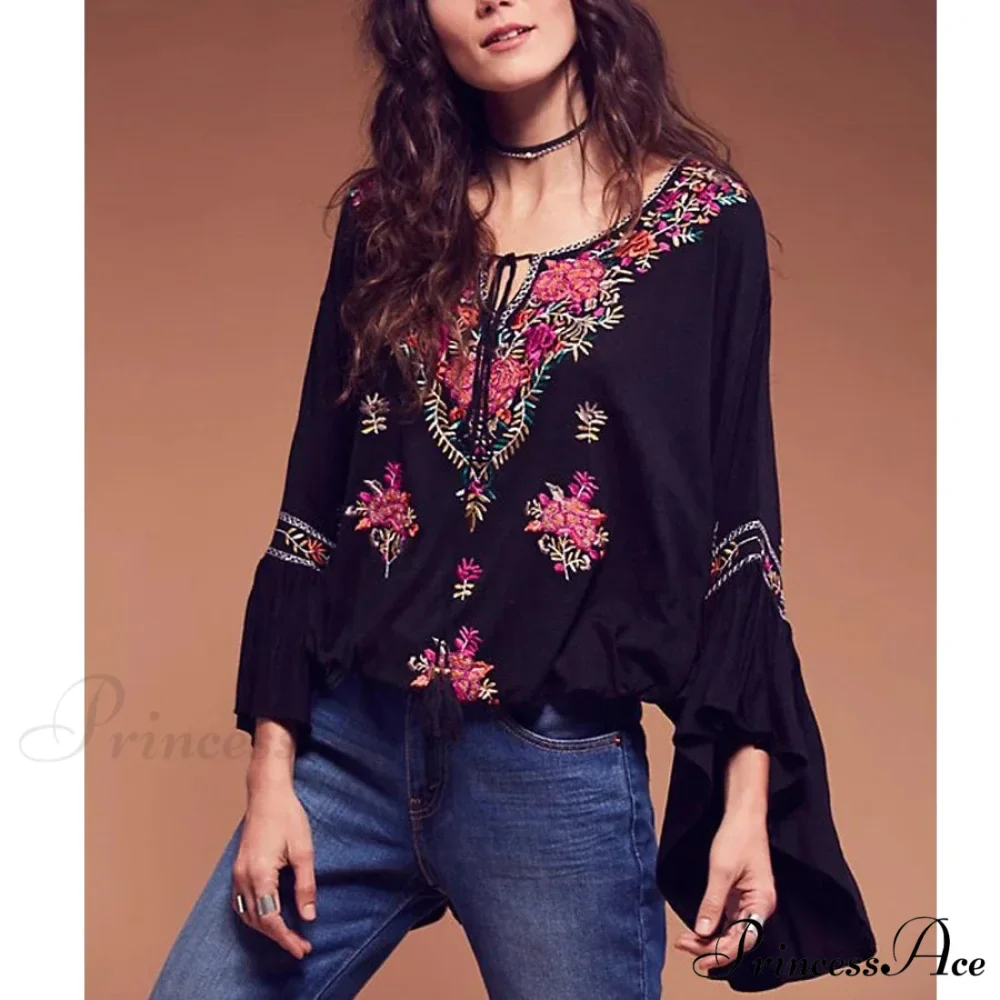 Flower Stitched Flare Sleeve V-Neck Informal Bohemian Blouse - Image 2