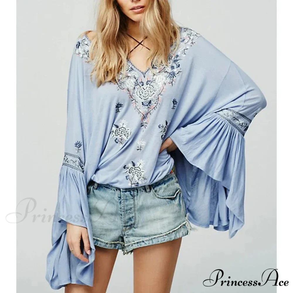 Flower Stitched Flare Sleeve V-Neck Informal Bohemian Blouse - Image 3