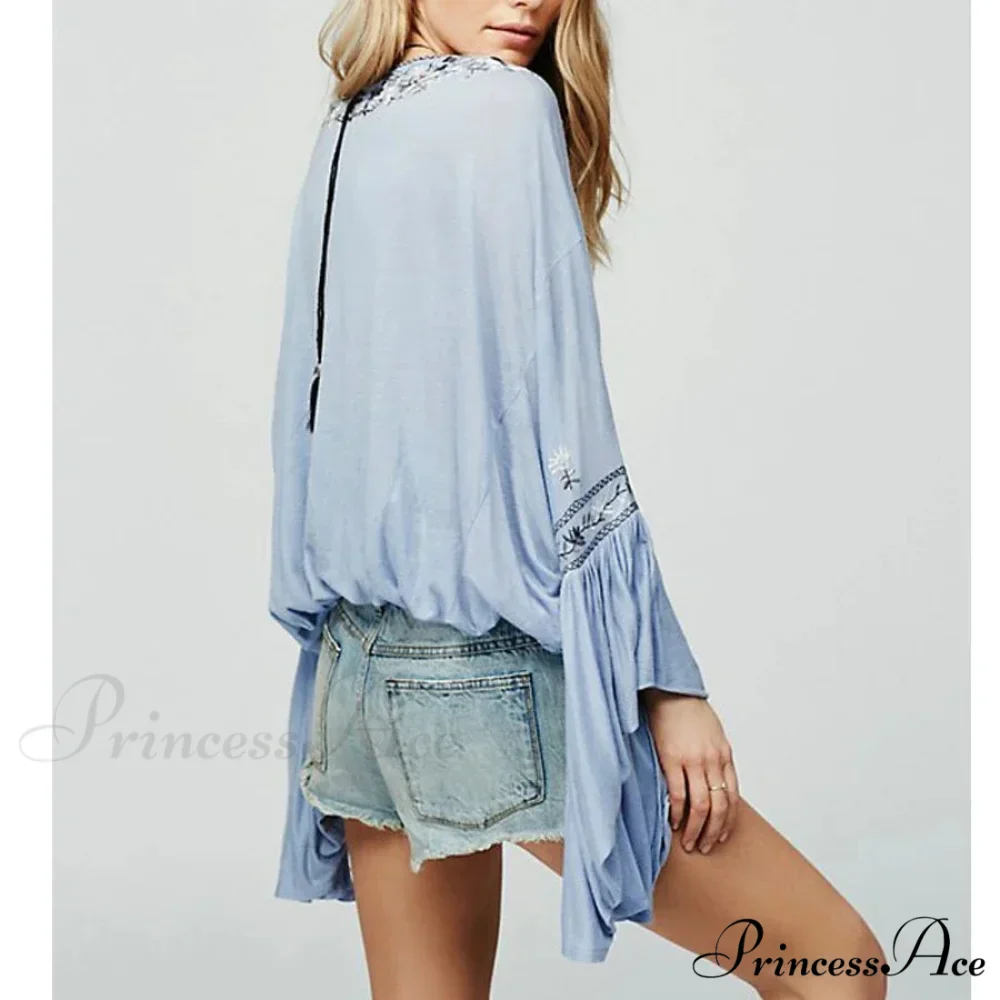 Flower Stitched Flare Sleeve V-Neck Informal Bohemian Blouse - Image 4