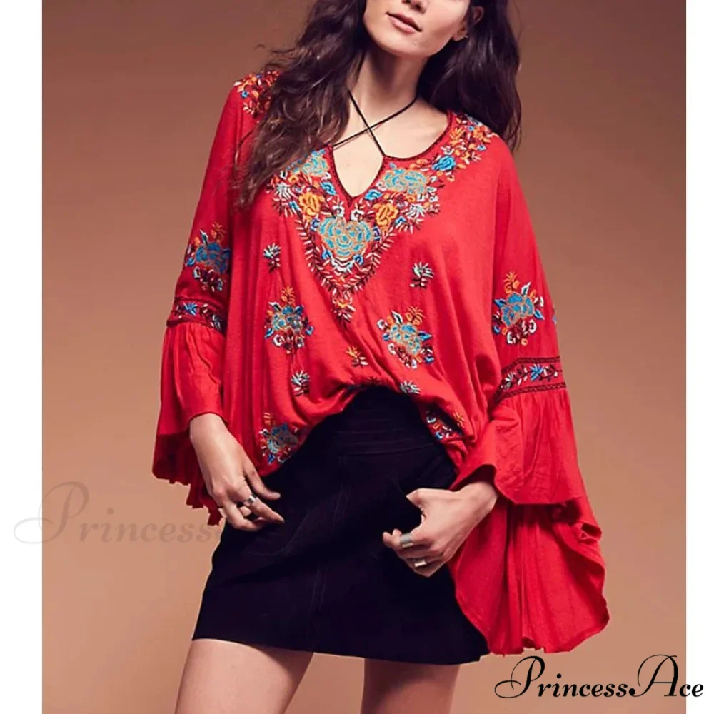 Flower Stitched Flare Sleeve V-Neck Informal Bohemian Blouse - Image 5