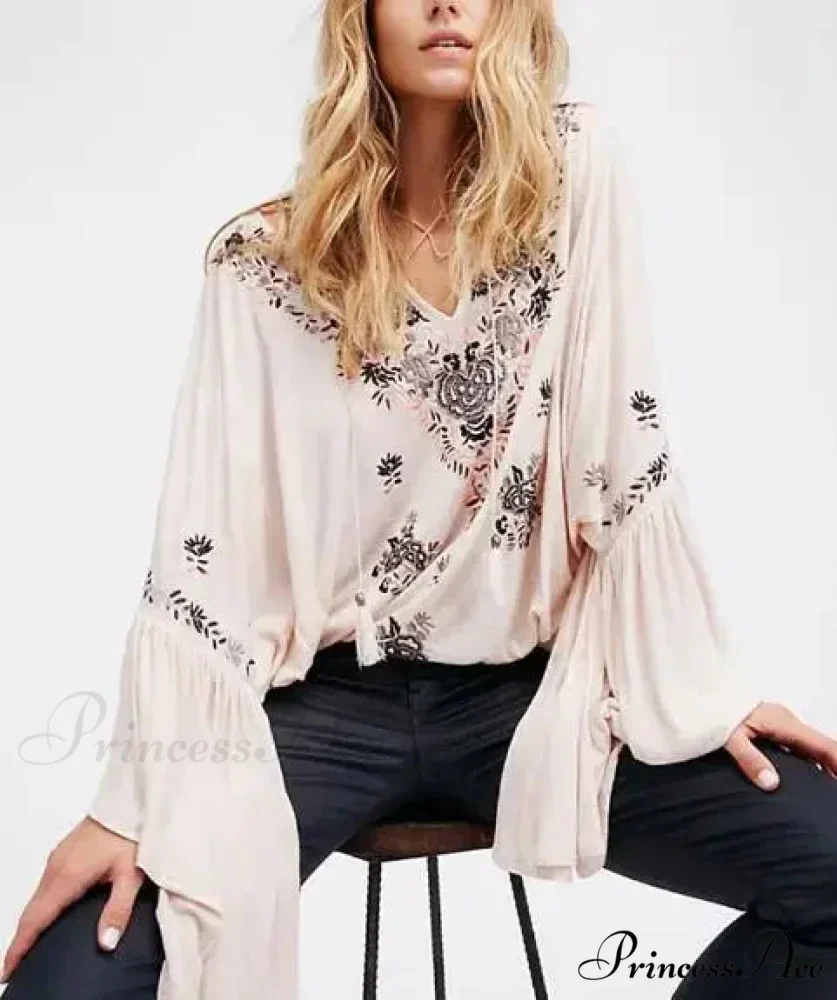 Flower Stitched Flare Sleeve V-Neck Informal Bohemian Blouse - Image 6