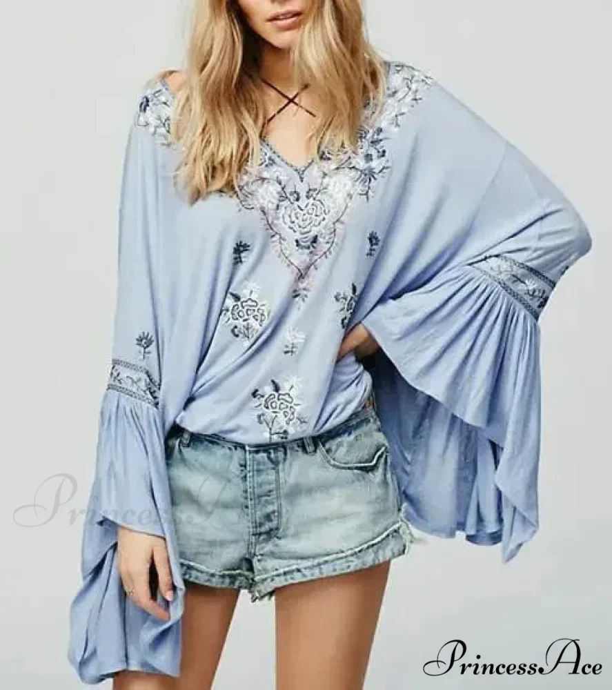 Flower Stitched Flare Sleeve V-Neck Informal Bohemian Blouse - Image 7