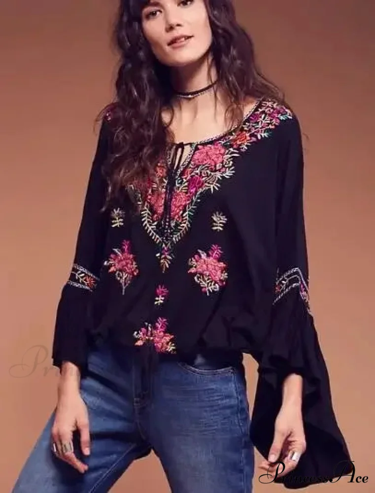 Flower Stitched Flare Sleeve V-Neck Informal Bohemian Blouse - Image 8