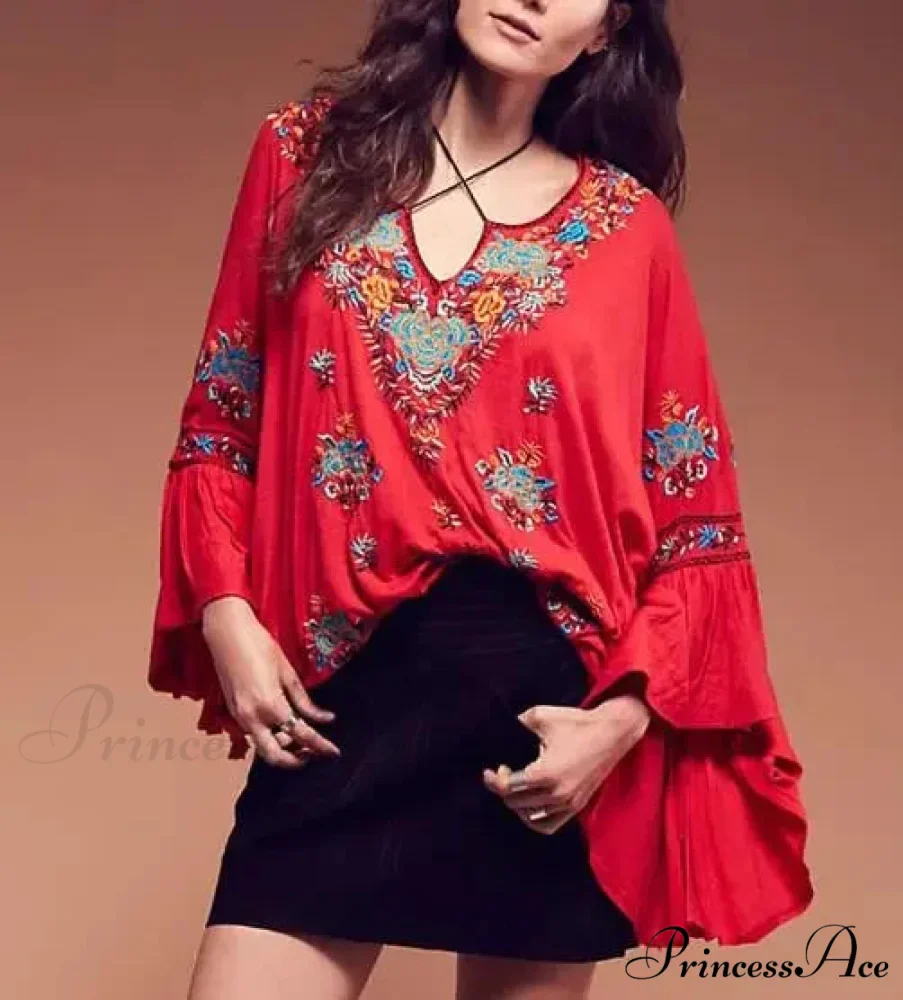 Flower Stitched Flare Sleeve V-Neck Informal Bohemian Blouse - Image 9