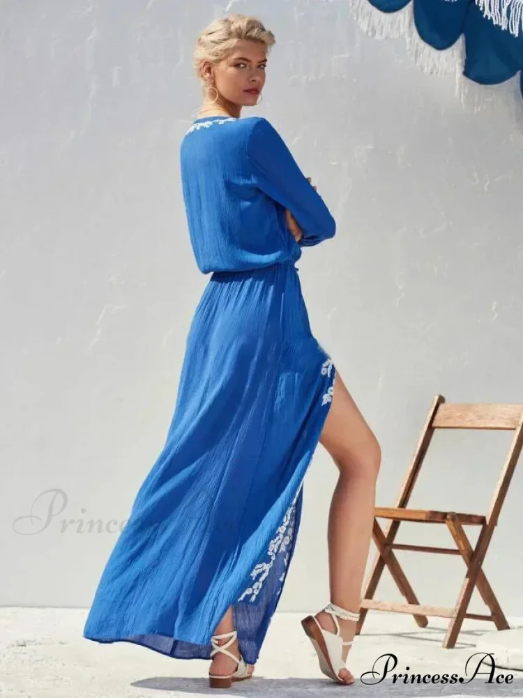 Flower Stitching Elastic Waist Vacation Long Bohemian Dress - Image 2