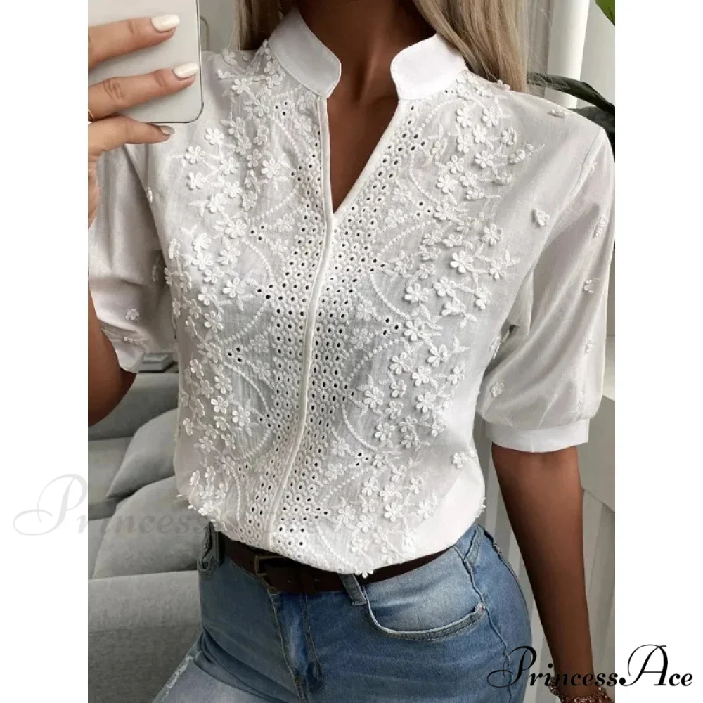 Flower Stitching Hollow Out V Neck Top - Image 2