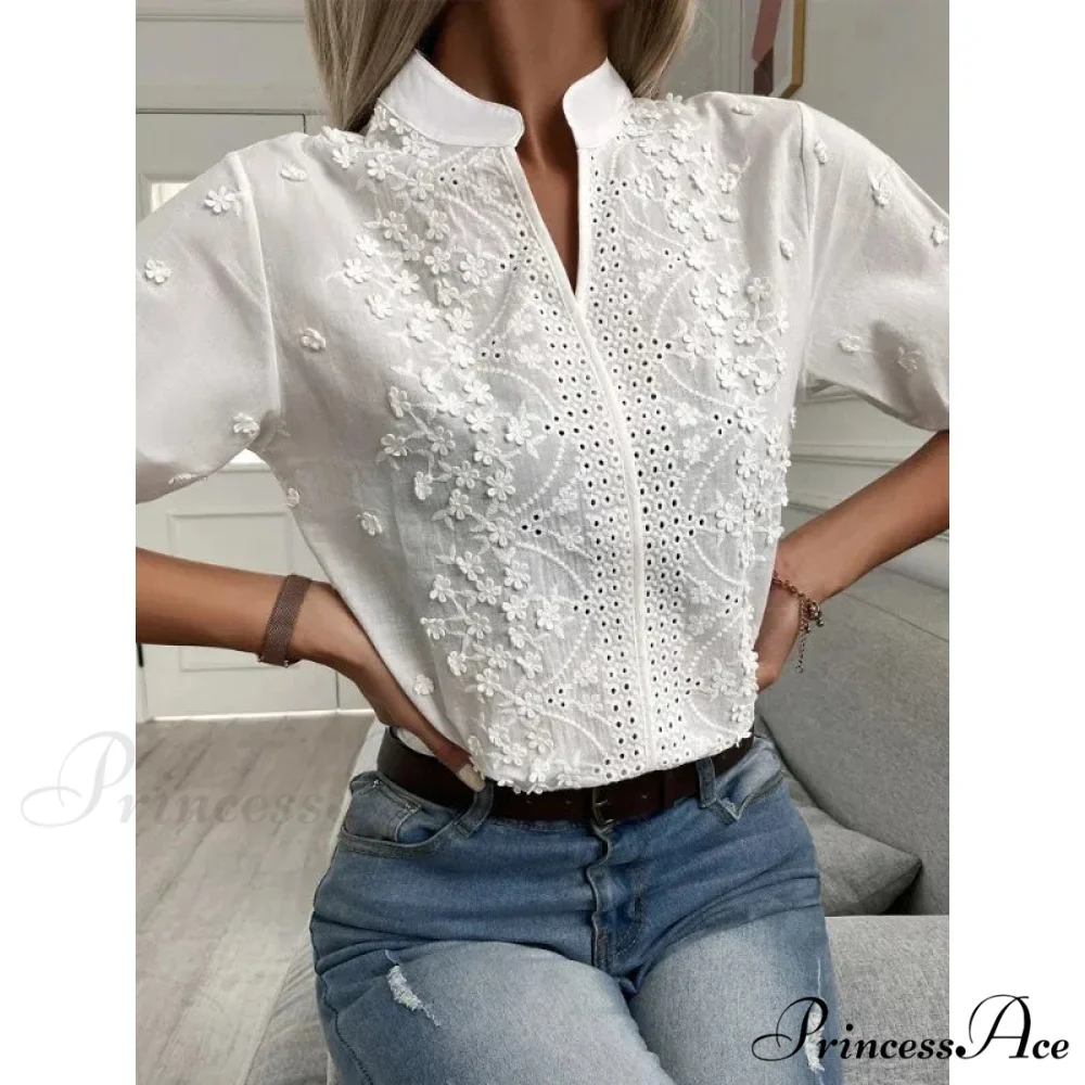 Flower Stitching Hollow Out V Neck Top - Image 3