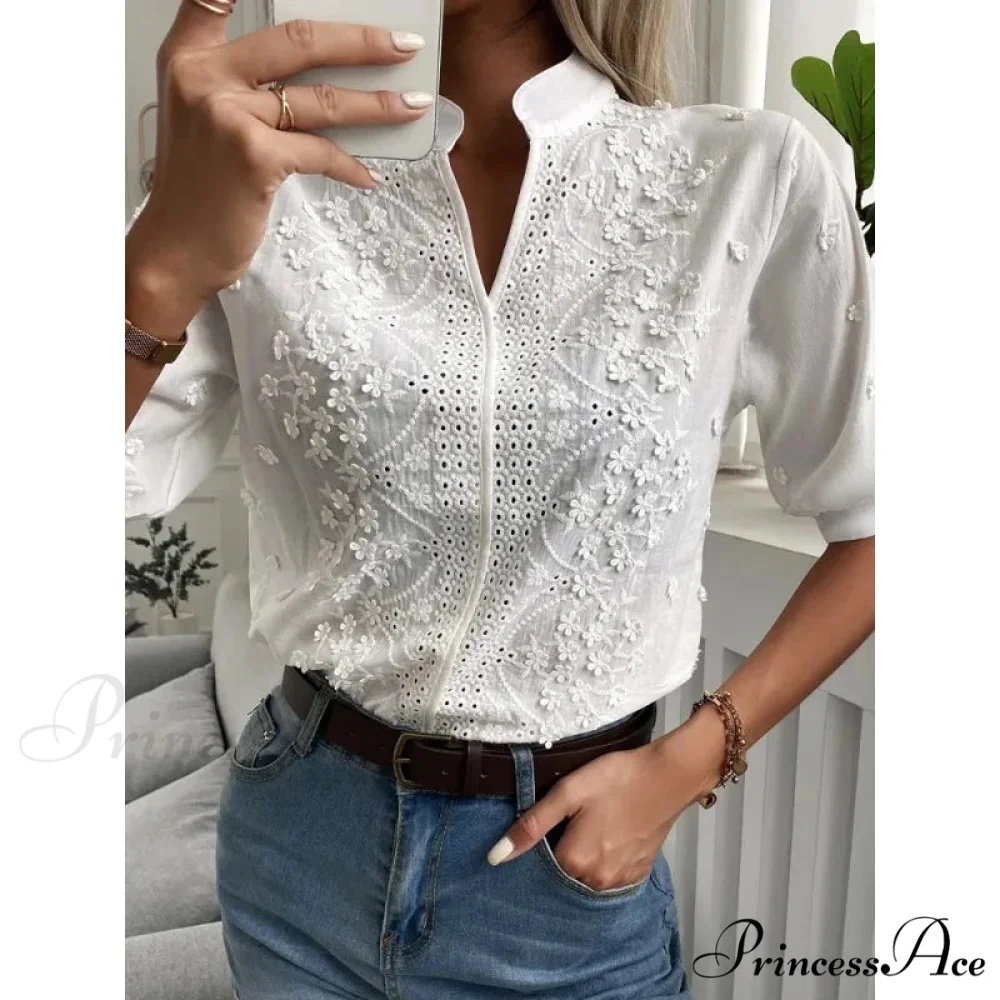 Flower Stitching Hollow Out V Neck Top - Image 4