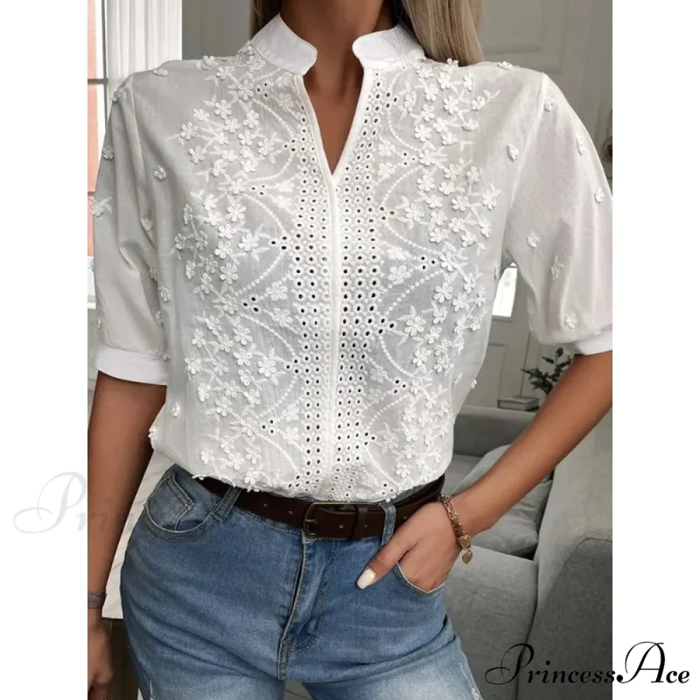Flower Stitching Hollow Out V Neck Top - Image 6