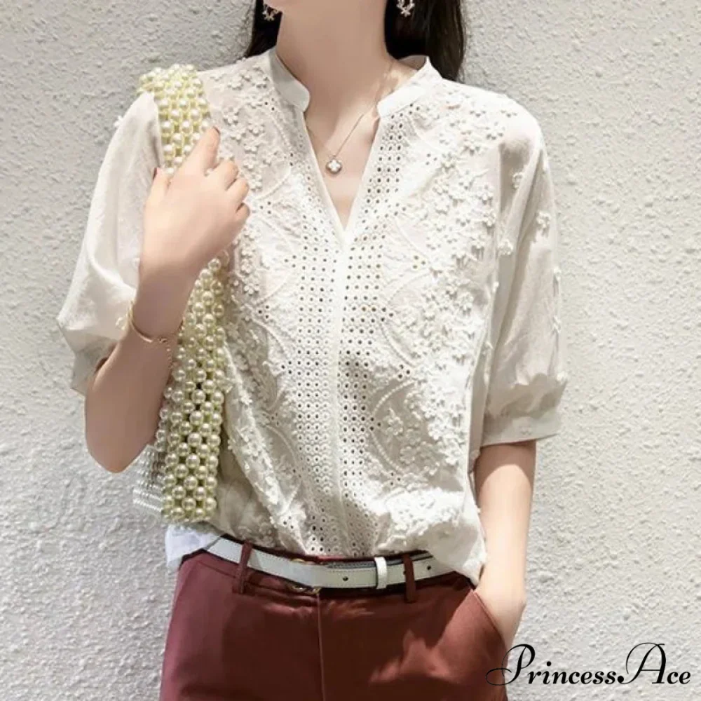 Flower Stitching Lace Hollow V-neck Blouse - Image 2