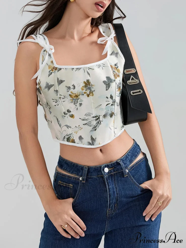 Flower Tie-back Retro Bodice Square Neck Crop Top - Image 2