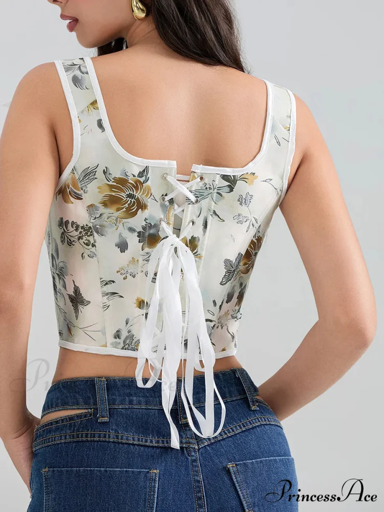 Flower Tie-back Retro Bodice Square Neck Crop Top - Image 3