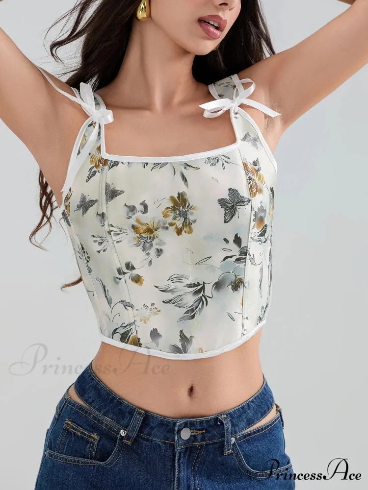 Flower Tie-back Retro Bodice Square Neck Crop Top - Image 4