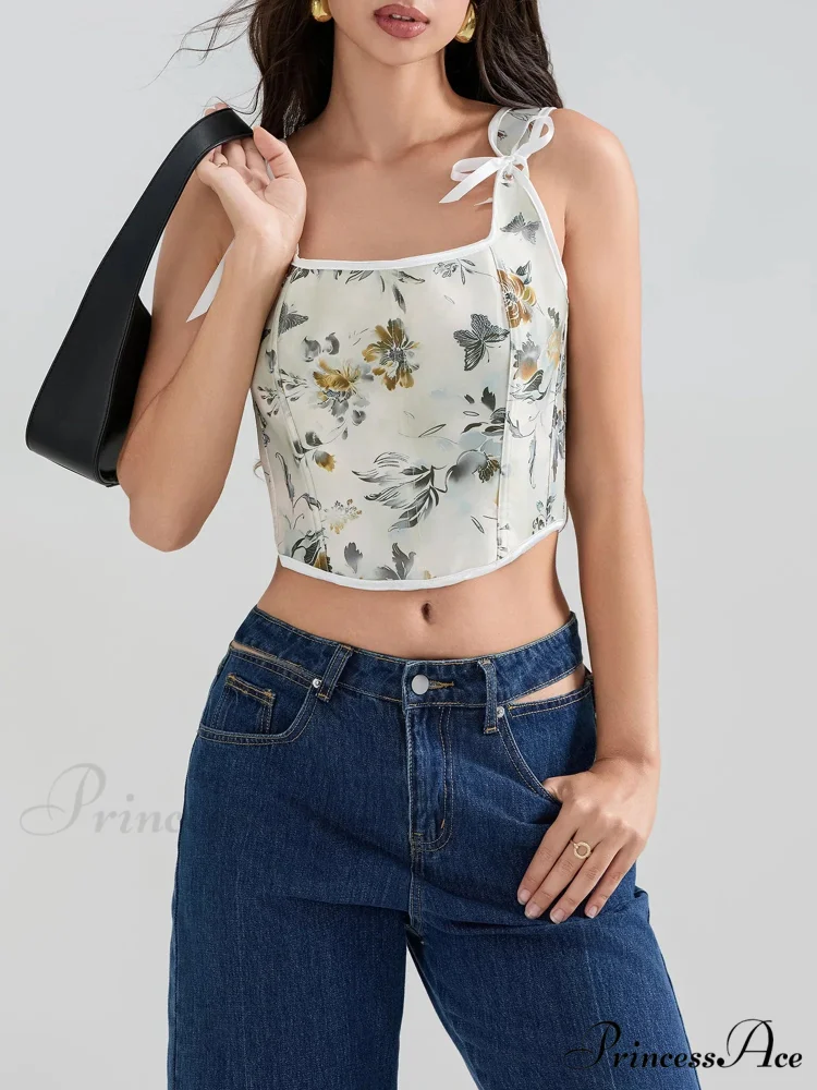 Flower Tie-back Retro Bodice Square Neck Crop Top - Image 5