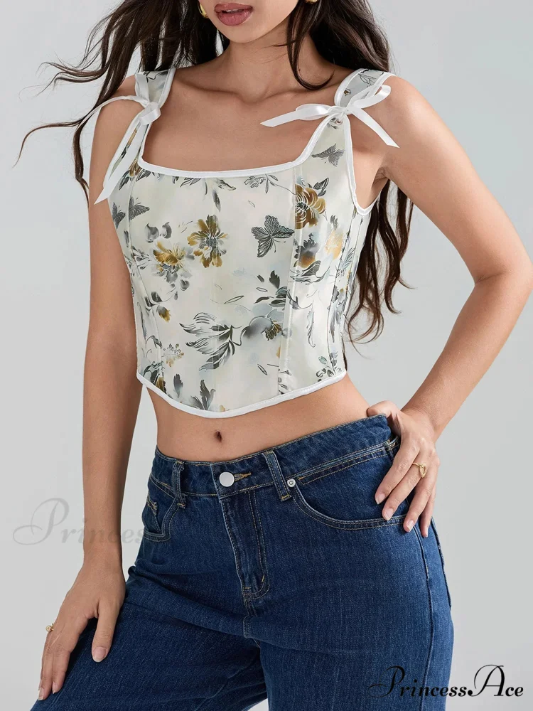 Flower Tie-back Retro Bodice Square Neck Crop Top - Image 6