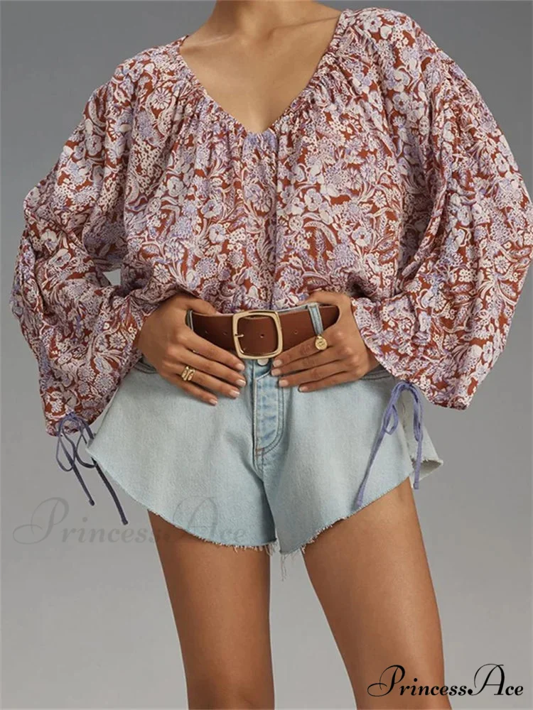 Flower Tie-Up Flare Sleeve Bohemian Blouse - Image 2