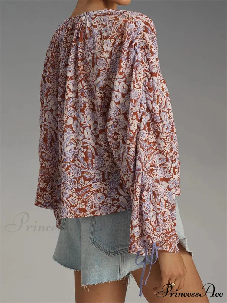 Flower Tie-Up Flare Sleeve Bohemian Blouse - Image 3