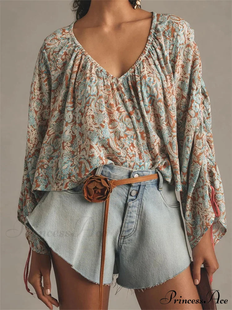 Flower Tie-Up Flare Sleeve Bohemian Blouse - Image 4