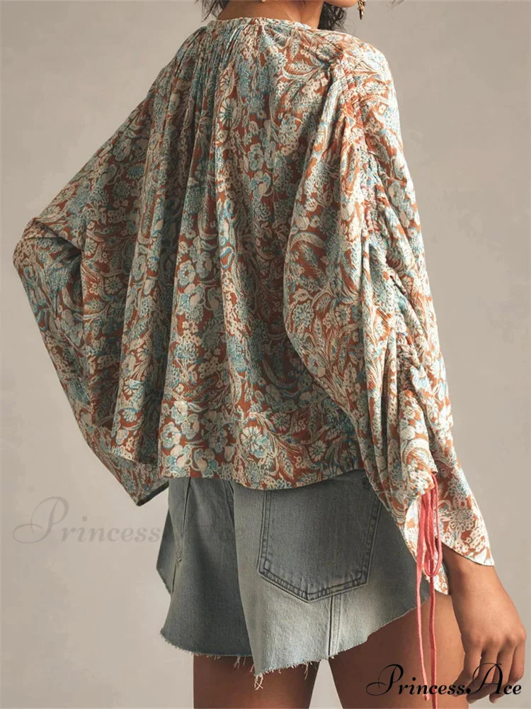 Flower Tie-Up Flare Sleeve Bohemian Blouse - Image 6