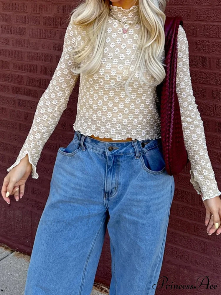 Flower Transparent False Neck Long Sleeve Lettuce Hem Crop Top - Image 3