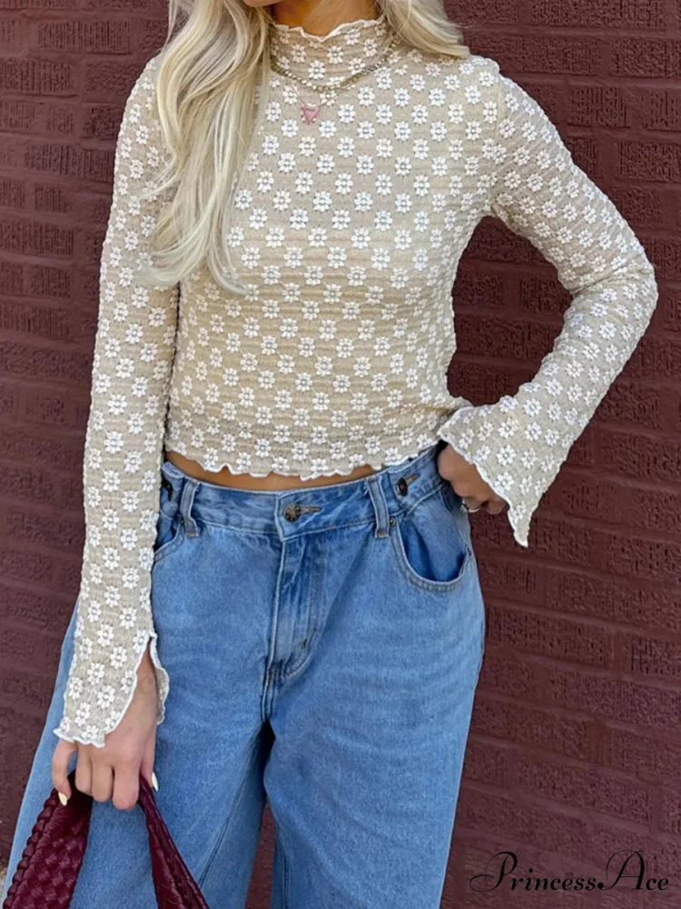 Flower Transparent False Neck Long Sleeve Lettuce Hem Crop Top - Image 4