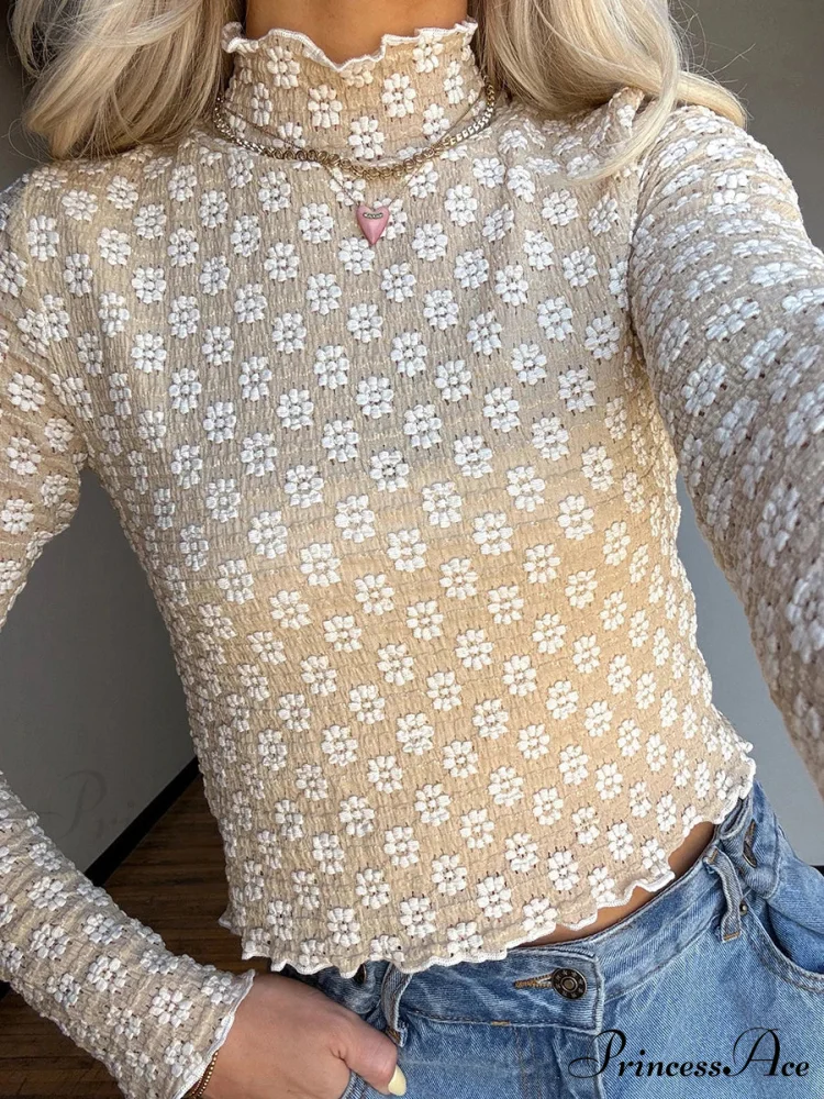 Flower Transparent False Neck Long Sleeve Lettuce Hem Crop Top - Image 6