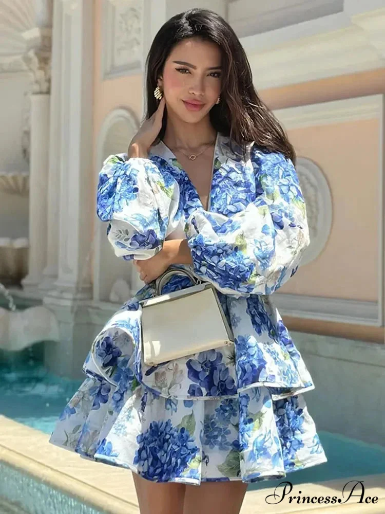 Flower V-Neck Frill Mini Flower Dress - Image 2