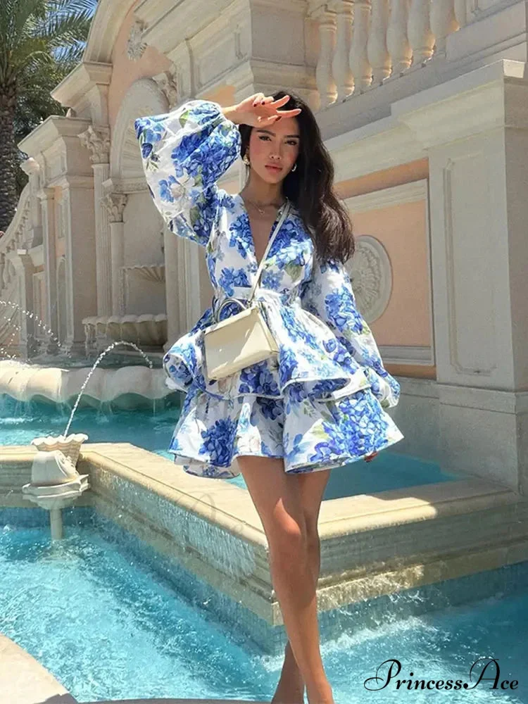 Flower V-Neck Frill Mini Flower Dress - Image 5