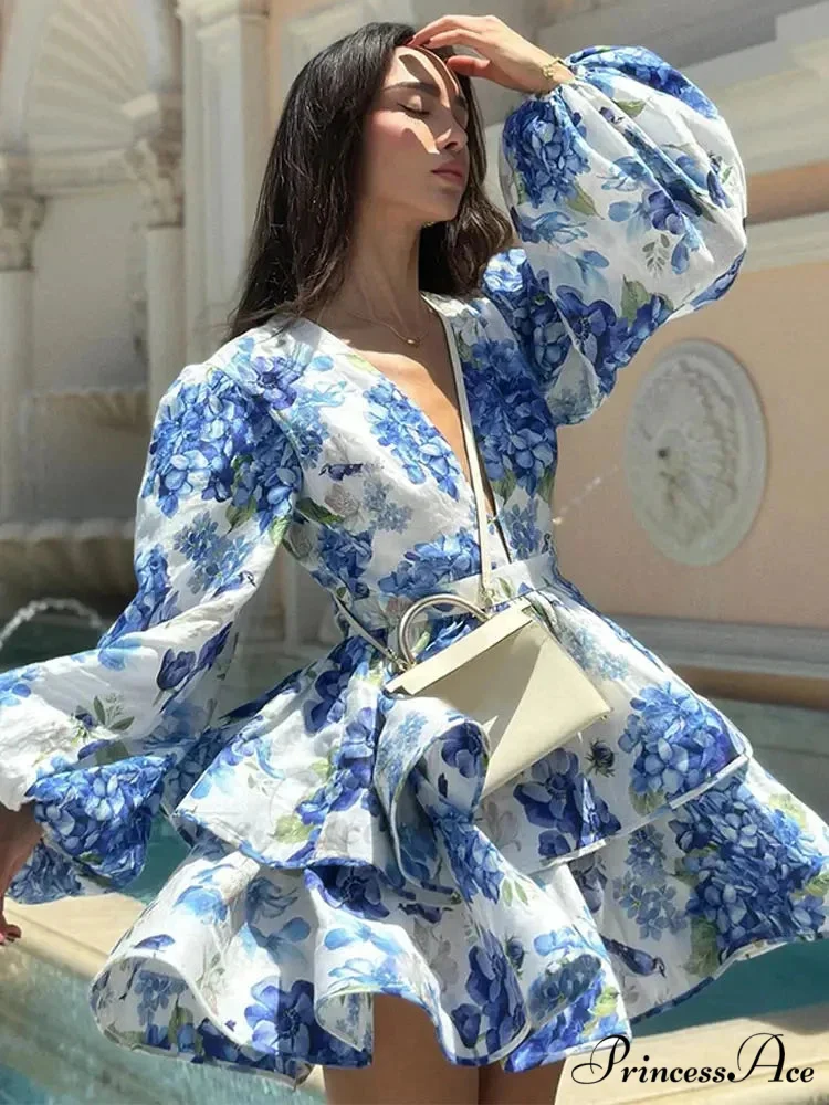 Flower V-Neck Frill Mini Flower Dress - Image 6