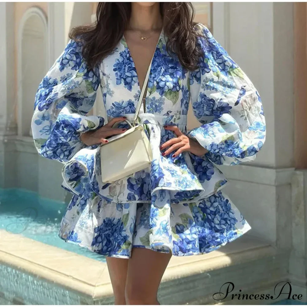 Flower V-Neck Frill Mini Flower Dress - Image 7