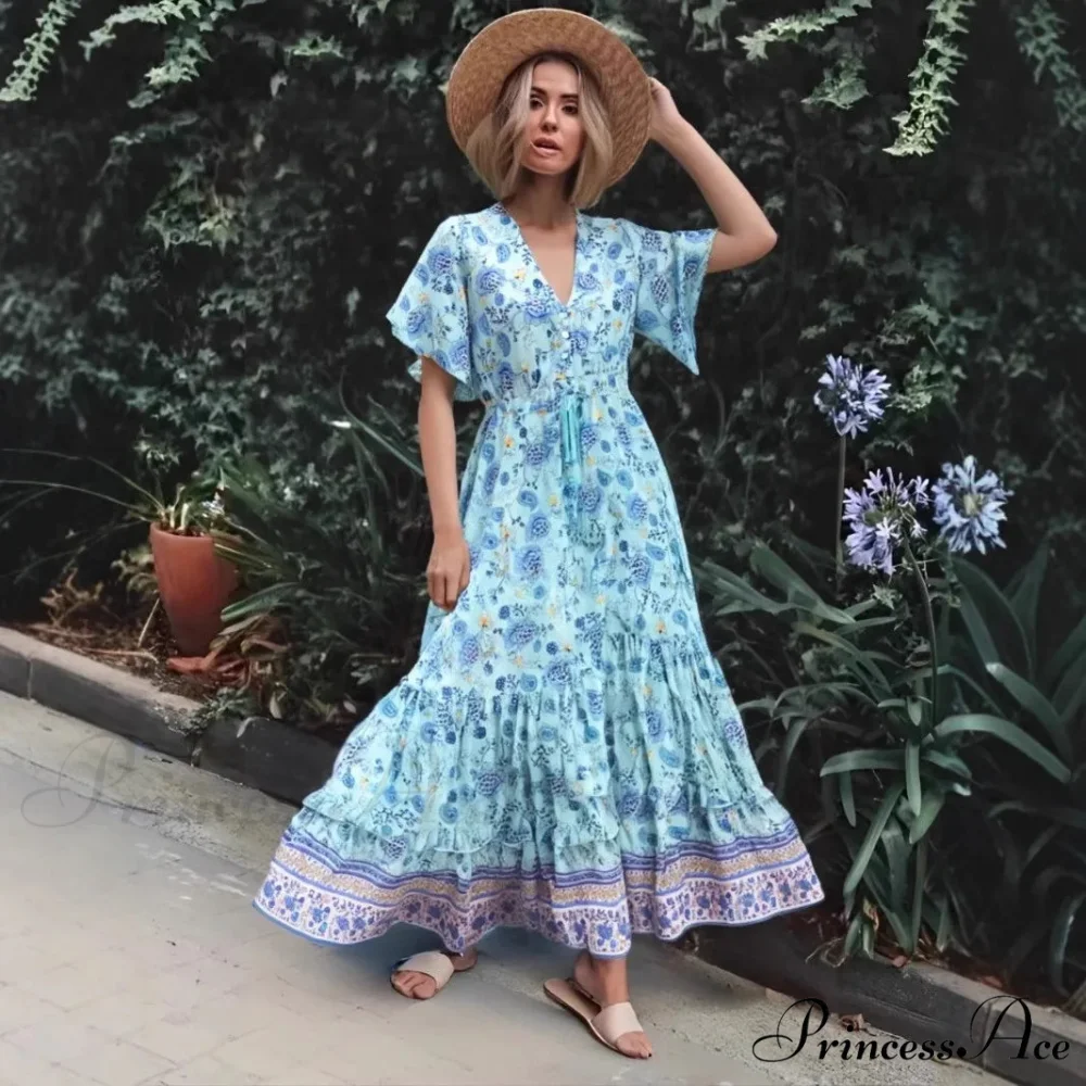 Flower V-neck Rayon Seaside Bohemian Dress - Image 2