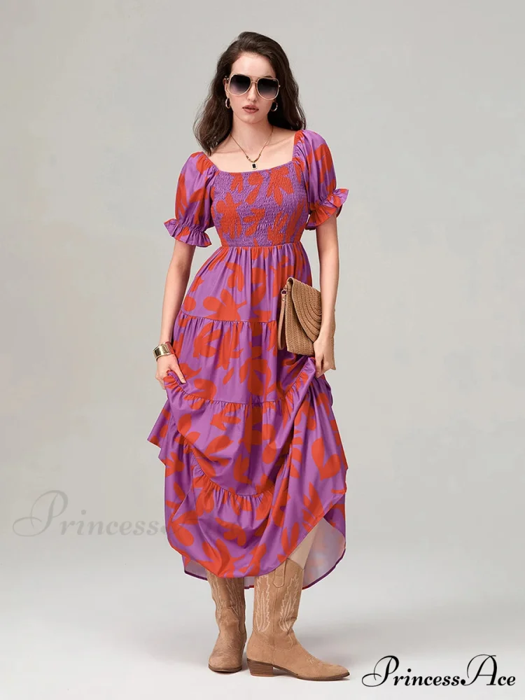 Flowery Pattern Loose Puff Sleeve Square Neck A-Line Holiday Flowery Dress - Image 2