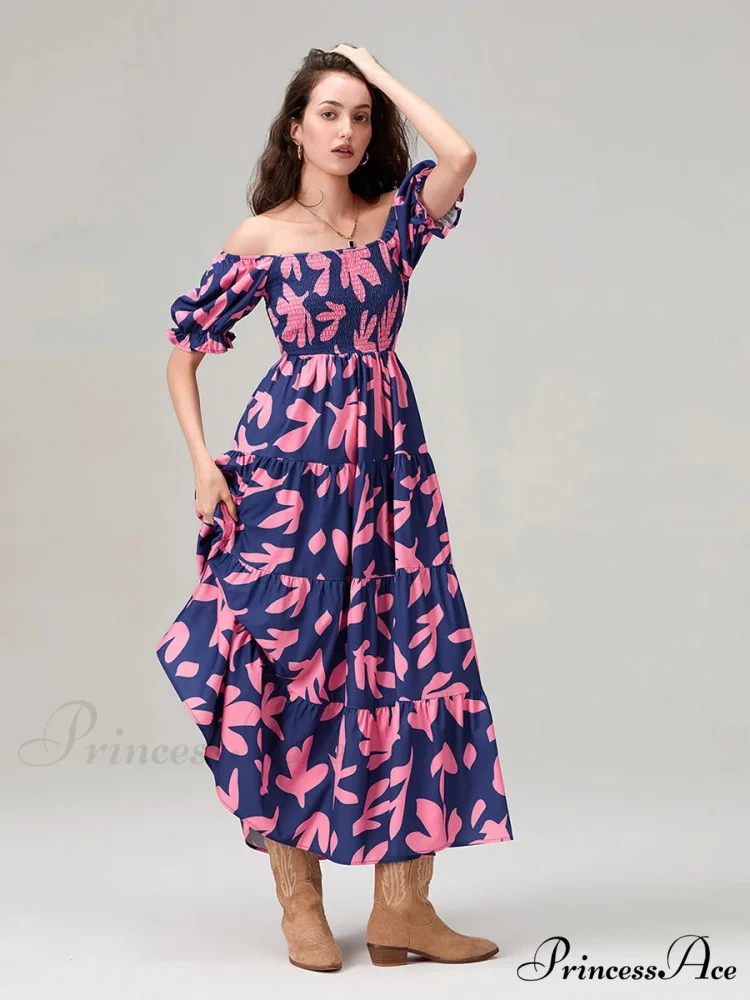 Flowery Pattern Loose Puff Sleeve Square Neck A-Line Holiday Flowery Dress - Image 3