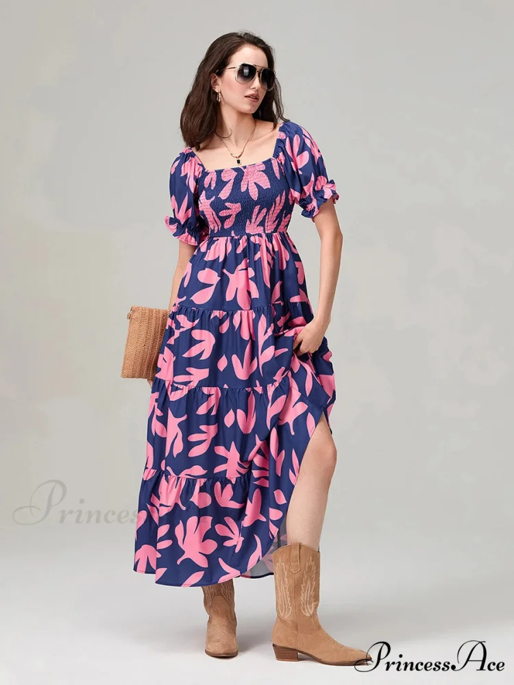 Flowery Pattern Loose Puff Sleeve Square Neck A-Line Holiday Flowery Dress - Image 4