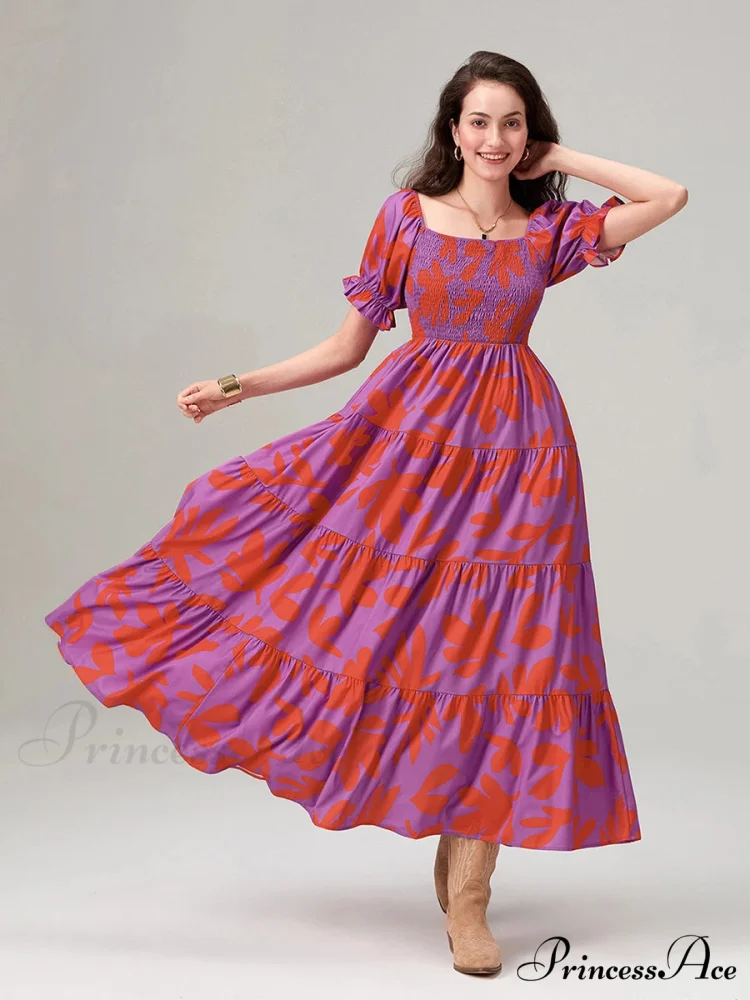Flowery Pattern Loose Puff Sleeve Square Neck A-Line Holiday Flowery Dress - Image 5