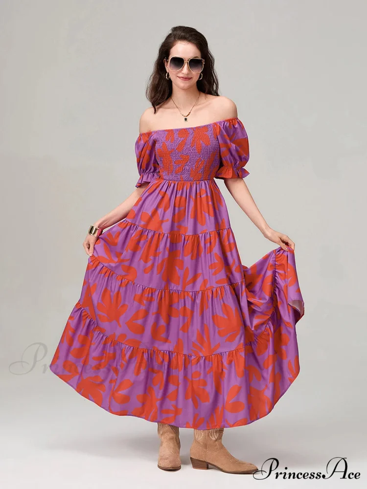 Flowery Pattern Loose Puff Sleeve Square Neck A-Line Holiday Flowery Dress - Image 6