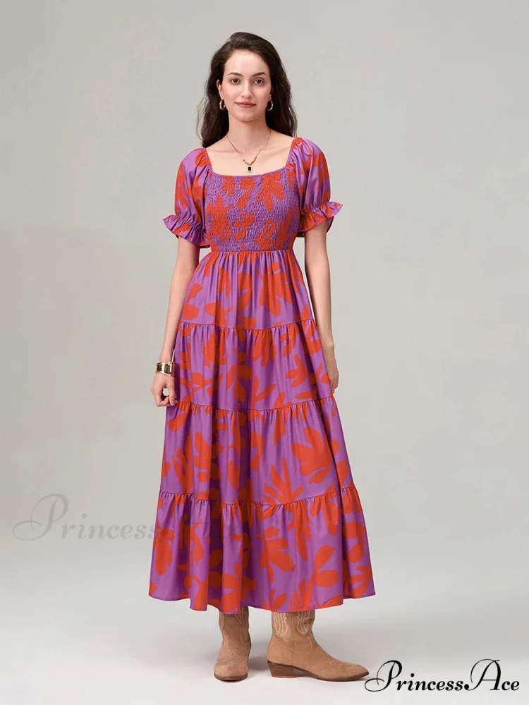 Flowery Pattern Loose Puff Sleeve Square Neck A-Line Holiday Flowery Dress - Image 7