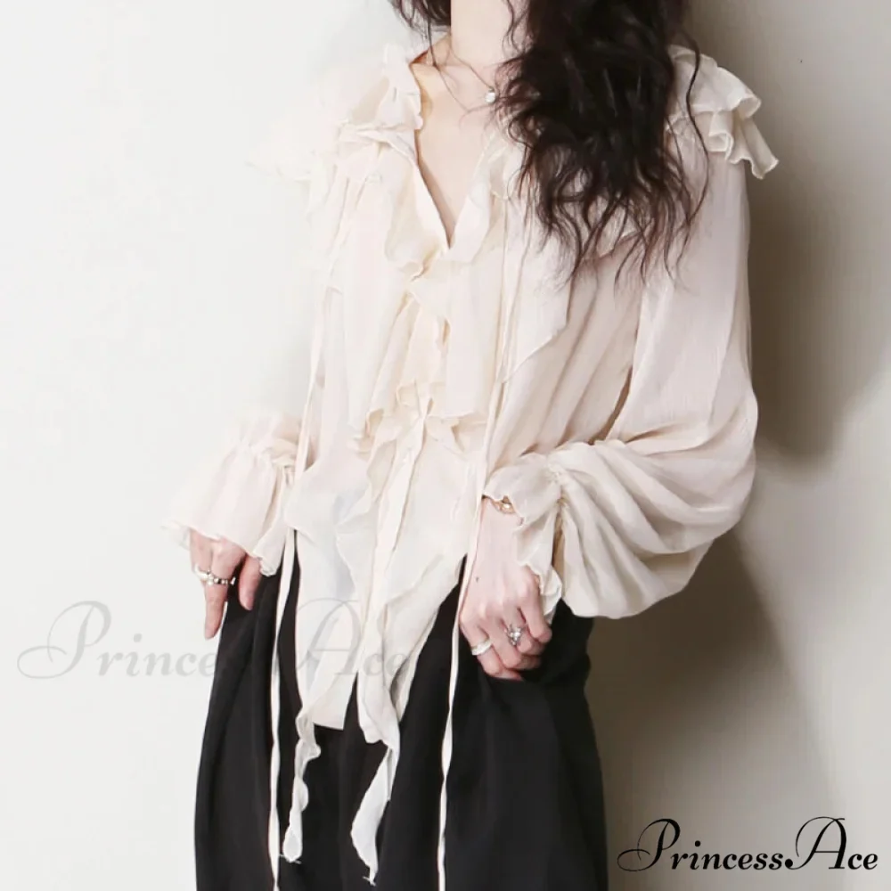 Flowy Frills Bow Tie Long Sleeve Boho Blouse - Image 2