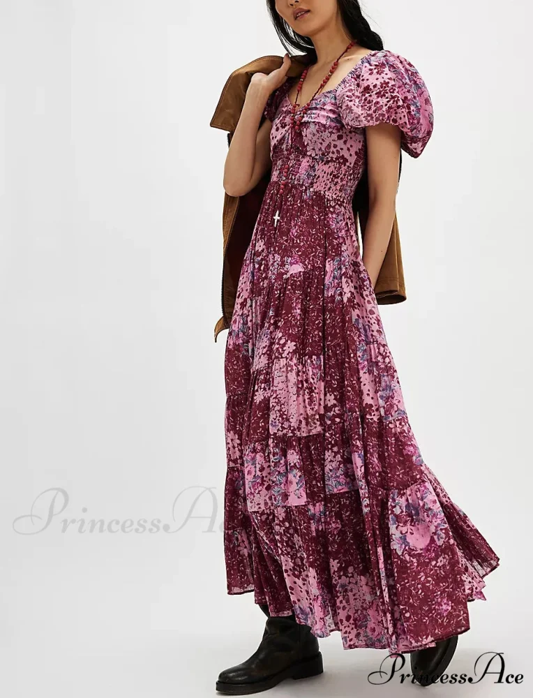 Flowy Maxi Dress Flower Pattern Balloon Sleeve - Image 10