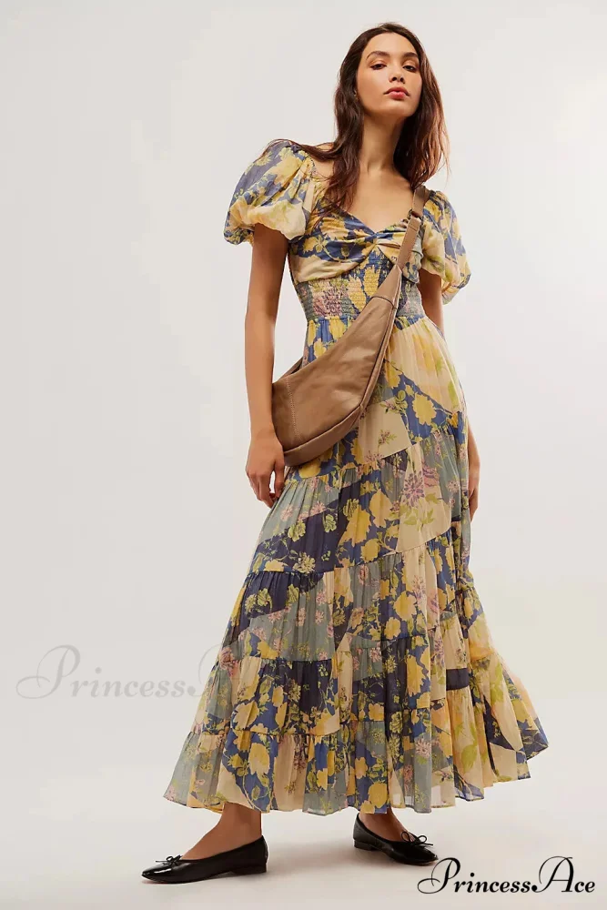 Flowy Maxi Dress Flower Pattern Balloon Sleeve - Image 11