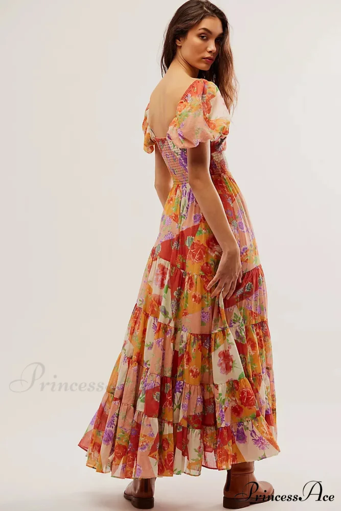 Flowy Maxi Dress Flower Pattern Balloon Sleeve - Image 2