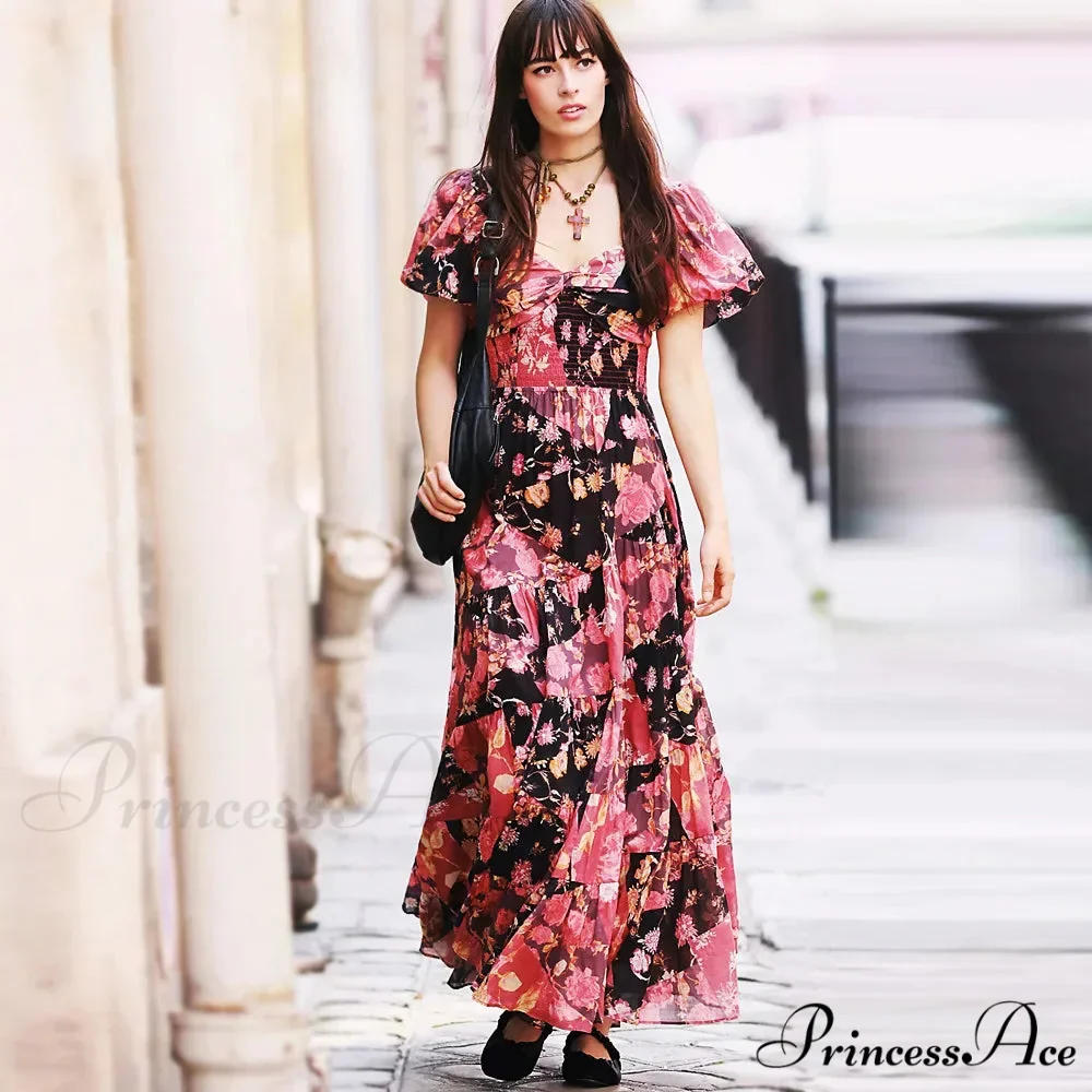 Flowy Maxi Dress Flower Pattern Balloon Sleeve - Image 3