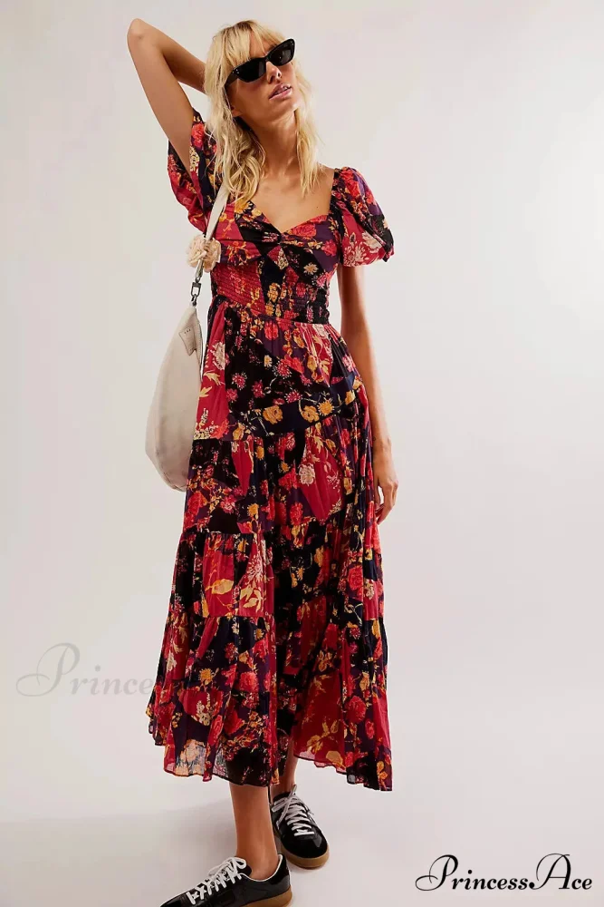 Flowy Maxi Dress Flower Pattern Balloon Sleeve - Image 4