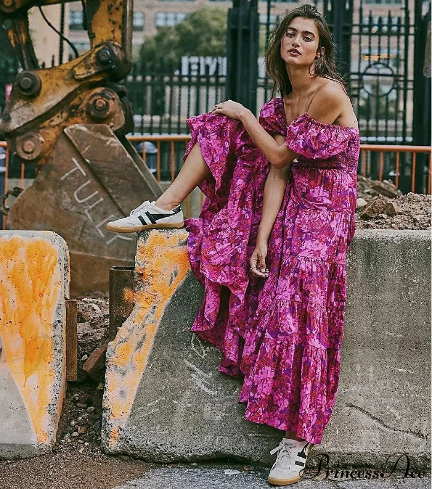 Flowy Maxi Dress Flower Pattern Balloon Sleeve - Image 5